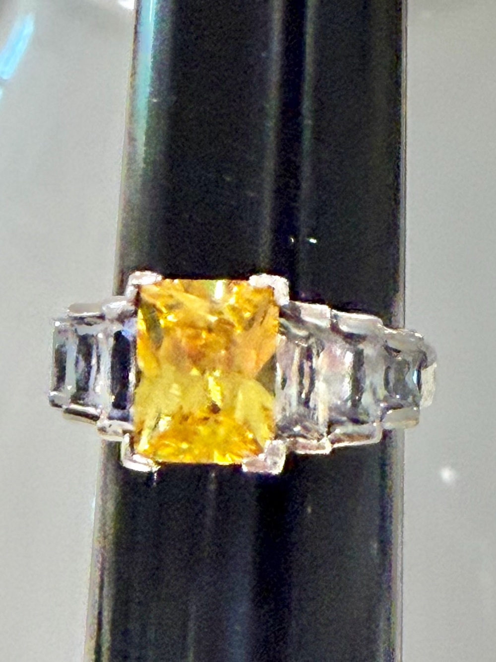 Vintage Art Deco 925 Sterling Silver Canary Yellow CZ Cocktail Ring - Size 6.5